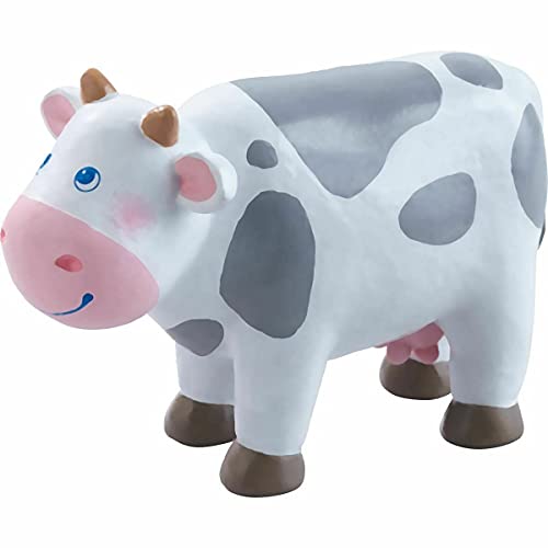 HABA Little Friends Kuh - Tierfigur für Kinder ab 3 Jahren - Bauernhoftiere für kreatives Rollenspiel - Mit weißem Fell und grauen Flecken - Tierpuppe aus robustem Kunststoff - 1302979001 von HABA