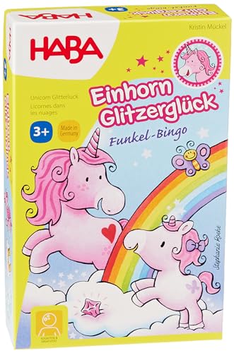 HABA 303647 - Einhorn Glitzerglück – Funkel-Bingo, Bingospiel mit Einhornmotiven und Funkelkristallen, Spiel ab 3 Jahren, Rosa von HABA