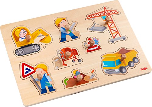 HABA 303697 - Greifpuzzle Baustellen-Welt , Holzspielzeug ab 12 Monaten , 8-teiliges Puzzle aus Holz mit buntem Baustellenmotiv , Mit großen Knöpfen zum Greifen von HABA