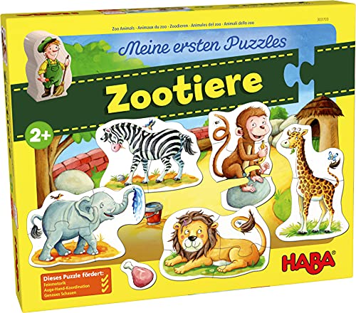 HABA 303703 - Meine ersten Puzzles – Zootiere |Kinderpuzzle mit 5 fröhlichen Tiermotiven ab 2 Jahren | Mit Zoowärterholzfigur zum freien Spielen von HABA