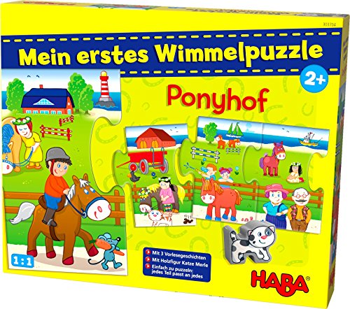 HABA 303704 - Mein erstes Wimmelpuzzle – Ponyhof , Kinderpuzzle ab 2 Jahren , Mit Holzfigur Katze Merle und 3 Vorlese-Geschichten von HABA