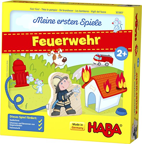 HABA 303807 - Meine ersten Spiele – Feuerwehr , Spannendes Memospiel für 1-4 Spieler ab 2 Jahren , Spieleschachtel wird zur bespielbaren Feuerwache von HABA