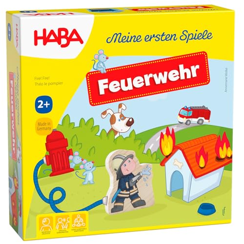 HABA 303807 - Meine ersten Spiele – Feuerwehr , Spannendes Memospiel für 1-4 Spieler ab 2 Jahren , Spieleschachtel wird zur bespielbaren Feuerwache von HABA