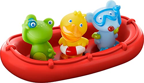 HABA - 303866 - Badeboot Tiermatrosen ahoi! , Badespielzeug mit Boot, Frosch, Ente und Maus , Set aus Badeboot mit drei Fingerpuppen zum Aufstecken , Badewannenspielzeug ab 12 Monaten von HABA