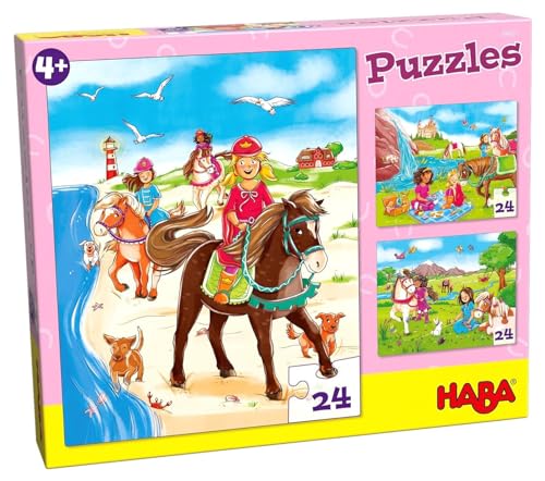 HABA 304221 - Puzzles Pferdefreundinnen, 3 Puzzles mit je 24 Teilen; 3 unterschiedliche Pferde- und Reitmotive, Puzzlespaß ab 4 Jahren von HABA