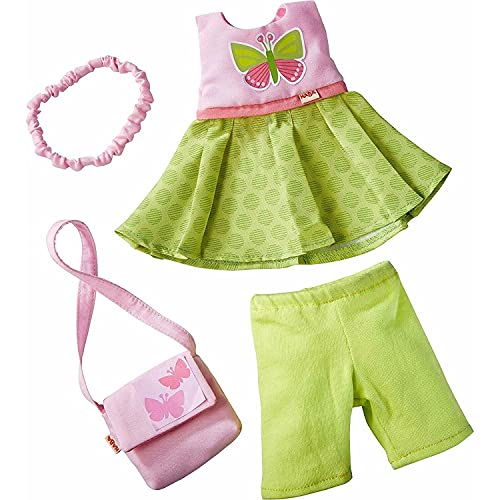 HABA 304253 - Kleiderset Schmetterling, Set aus Kleid, Hose, Handtasche und Haarband, Puppenzubehör für alle 30 cm großen HABA-Puppen, ab 18 Monaten von HABA
