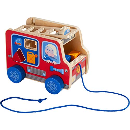 HABA 304317 - Ziehfigur Feuerwehrauto, Nachziehspielzeug für Kinder ab 12 Monaten, animiert zum Laufenlernen, mit Bausteinen zum Stecken von HABA
