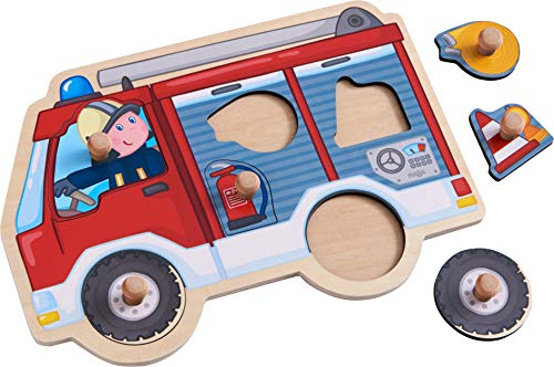 HABA 304594 - Greifpuzzle Feuerwehrauto, 6-teiliges Holzpuzzle mit Feuerwehrwagen und großen, griffigen Holzknöpfen, Holzspielzeug ab 12 Monaten von HABA