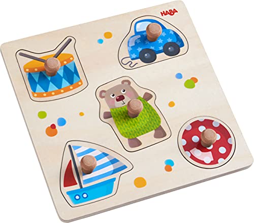HABA 304608 - Greifpuzzle Spielsachen, 5-teiliges Holzpuzzle mit Spielzeug-Motiven und großen, griffigen Holzknöpfen, Holzspielzeug ab 12 Monaten von HABA