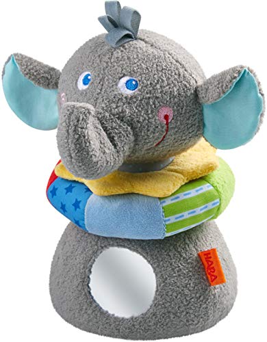 HABA 305086 - Stapelfigur Elefant Eric, Kuscheltier mit Fühl- und Spieleffekten wie Spiegelfolie und Greifring, Stoffspielzeug ab 10 Monaten von HABA