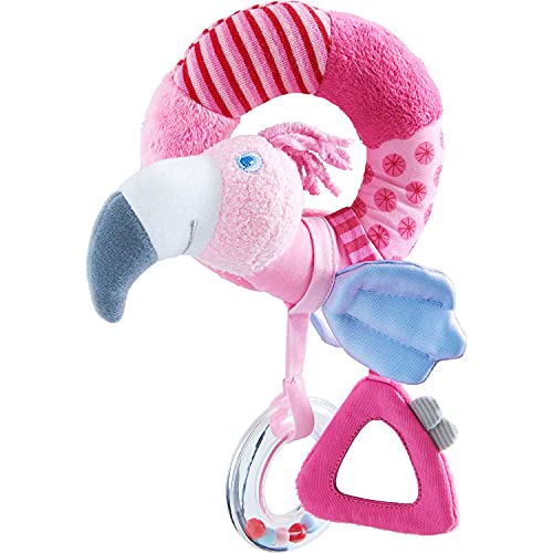 HABA 305183 - Greiffigur Flamingo Gustav, Kuscheltier für Babyschale, Gitterbett und Buggy, mit optischen und akustischen Effekten, Motorikspielzeug ab 6 Monaten von HABA
