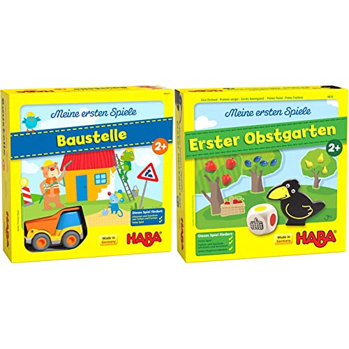 HABA 305211 - Meine ersten Spiele – Baustelle & 4655 - Meine ersten Spiele Erster Obstgarten, unterhaltsames Brettspiel rund um Farben und Formen ab 2 Jahren von HABA