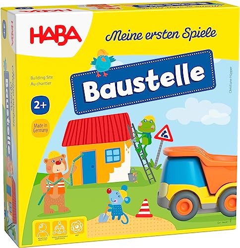 HABA Meine ersten Spiele – Baustelle: Zuordnungs- und Memospiel mit Kullerbü-Fahrzeug und Vorlesegeschichte, Baugeschichten für Kinder ab 2 Jahren – 1305211001 von HABA
