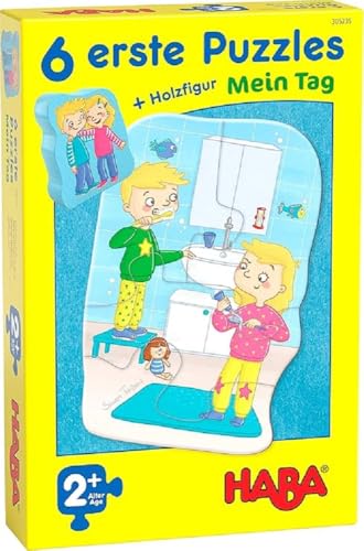 HABA 305235 - 6 erste Puzzles – Mein Tag, Puzzle ab 2 Jahren mit extragroßen Teilen und Holzfigur zum freien Spielen von HABA