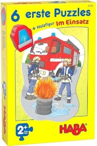 HABA 305236 - 6 erste Puzzles – Im Einsatz, Puzzles aus je vier Teilen mit Straßen-Motiven, Auto-Holzfigur zum freien Spielen, Spiel ab 2 Jahren von HABA