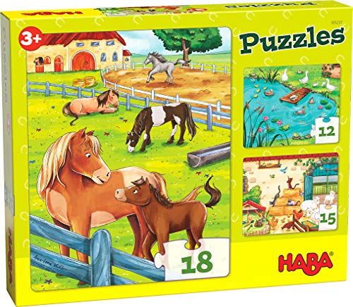 HABA 305237 - Puzzles Bauernhoftiere, 3 Puzzles mit 12, 15 und 18 Teilen und unterschiedlichen Tiermotiven, Puzzle ab 3 Jahren von HABA