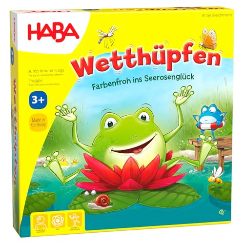 HABA 305272 - Wetthüpfen, Würfelspiel für Kinder von 3 bis 7 Jahren mit unterschiedlichen Spielvarianten, Spielmaterial aus stabiler Pappe und Holz, Spiel ab 3 Jahren von HABA