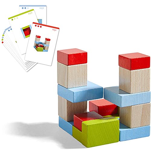 HABA 305455 - 3D - Legespiel Vier mal vier, bunte Holzbausteine zum Legen und Stapeln, 16 Bausteine in 4 Farben, 16 Vorlagekarten zum Nachbauen, Spielzeug ab 3 Jahren von HABA