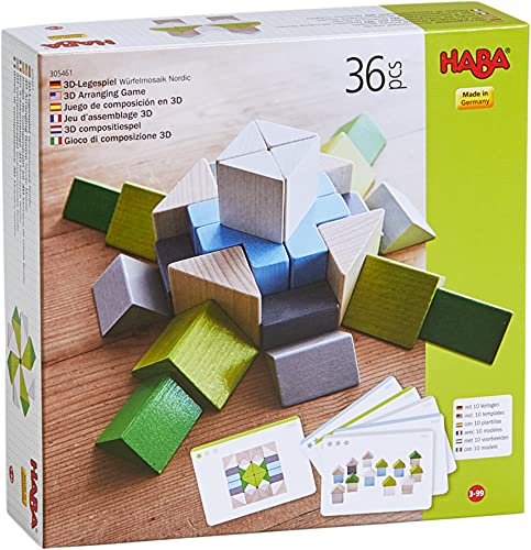 HABA 305461 - 3D-Legespiel Würfelmosaik Nordic, Holzbausteine in unterschiedlichen Formen und Farben zum Legen und Stapeln, mit Vorlagekarten zum Nachbauen, Spielzeug ab 3 Jahren von HABA