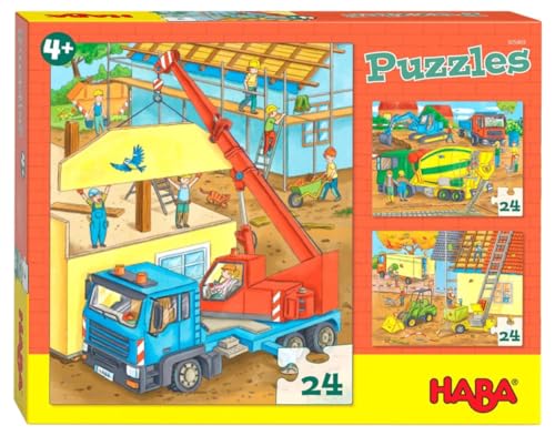 HABA 305469 - Puzzles Auf der Baustelle, Puzzlesammlung mit 3 Baustellen-Motiven für Kinder ab 4 Jahren, Baustellenpuzzles mit je 24 Teilen zum Training der Konzentration und Feinmotorik von HABA