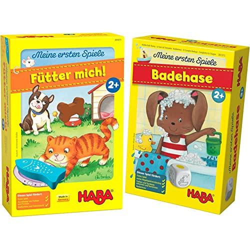 HABA 305473 - Meine ersten Spiele – Fütter Mich! Zuordnungsspiel ab 2 Jahren für 1 – 5 Spieler mit 5 Holzfiguren zum Thema Haustiere, Spieldauer 5 min & 301313 - MES Badehase Spiel HABA 305473 - Meine ersten Spiele – Fütter Mich! Zuordnungsspiel ab 2 Jahren für 1 – 5 Spieler mit 5 Holzfiguren zum Thema Haustiere, Spieldauer 5 min & 301313 - MES Badehase Spiel von HABA