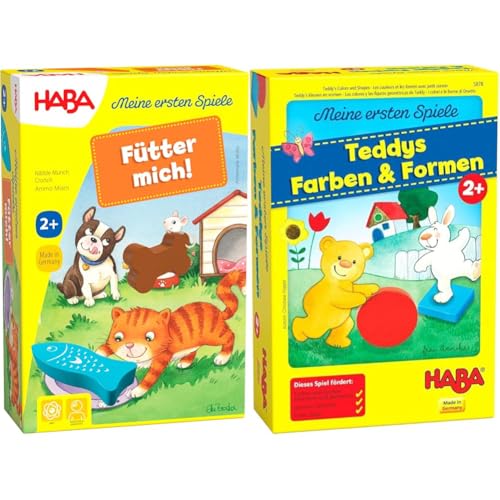 HABA 305473 - Meine ersten Spiele – Fütter Mich! Zuordnungsspiel ab 2 Jahren für 1 – 5 Spieler mit 5 Holzfiguren zum Thema Haustiere & 5878 - Meine ersten Spiele Teddys Farben und Formen von HABA