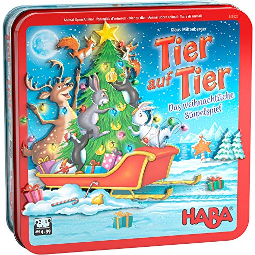 HABA 305525 - Tier auf Tier – Das weihnachtliche Stapelspiel, Geschicklichkeitsspiel für 2-4 Spieler ab 4 Jahren, das beliebte HABA Spiel mit weihnachtlichen Motiven von HABA