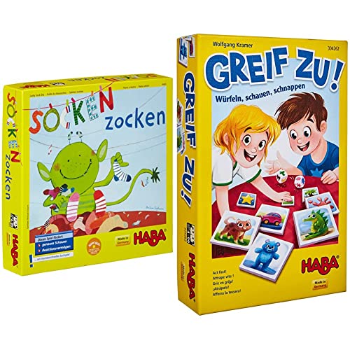 HABA 4465 - Socken zocken, schnelles Suchspiel für 2-6 Spieler von 4-99 Jahren & 304262 - Greif zu! – Würfeln, schauen, schnappen, lustiges Reaktionsspiel für 2-4 Spieler von 4-99 Jahren von HABA