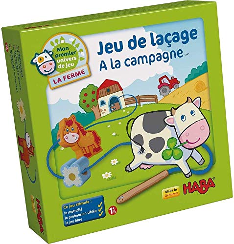 HABA 5895 - Mein erstes Spiel-Universum - Die Bauernhof - HABA auf dem Bauernhof mit 10 Holzschnürfiguren und 4 Modellen (Made in Germany) von HABA