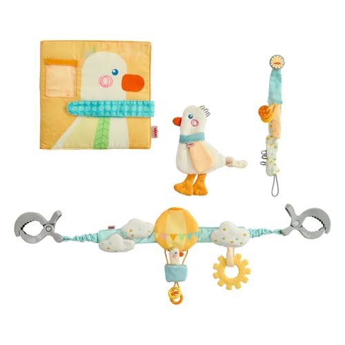HABA Baby-Spiel-Set Gans – 4-in-1 Spielzeug-Set mit Kinderwagenkette, Schnullerkette, Greifling und Fotoalbum – zum Schauen, Staunen & Greifen, Kinder ab 0 Jahren – 2012333001 von HABA