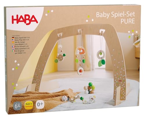 HABA Baby Spielbogen-Set Pure - 70 cm großes Spieltrapez - inkl. 3 Hängefiguren, Schnullerkette & Greifling - Holzbogen Made in Germany - ab 1 Monat Geburt - 1307168001 von HABA