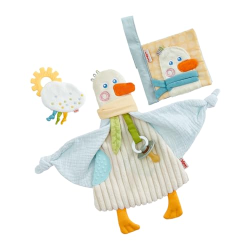 HABA Baby-Spielset 3-in-1, Gans mit Stoffbuch, Greifling und Schmusetuch, extra-weicher Stoff, Elemente zum Entdecken, für Kinder ab 0 Jahren – 2012332001 von HABA