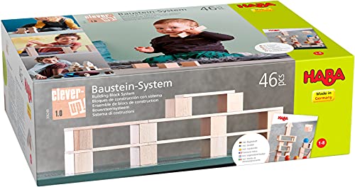 HABA Baustein-System Clever-Up! 1.0, Natur-Bausteine für Kinder ab 1 Jahr, 46 Teile, 306248 von HABA