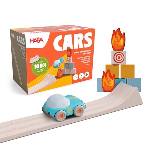 HABA Cars Action-Sprungschanze – 15-teiliges Set aus recyceltem Holz und Kunststoff – Auto mit starkem Schwungmotor, batteriefrei – Für Kinder ab 2 Jahren – 2011843001 von HABA