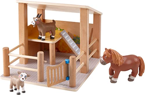 HABA Little Friends Streichelzoo - Gehege & Futterhaus aus robustem Holz - inkl. Pony Twinkel, Ziege und Ziegenbaby für kreatives Rollenspiel mit Tieren vom Bauernhof - 1305694001 von HABA