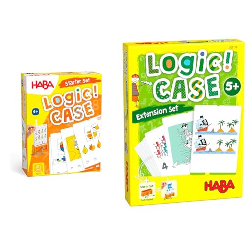HABA Logic! CASE Starter Set 4+, Logikspiel für Kinder ab 4 Jahren, Reisespiel, 306118 & 306124 - LogiCase Extension Set – Piraten, Mitbringspiel ab 5 Jahren, Bunt von HABA
