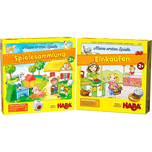 HABA Meine ersten Spiele – Spielesammlung, 10 erste Spiele auf dem Bauernhof für 1-3 Kinder & Meine ersten Spiele – Einkaufen, Spiel ab 2 Jahren mit 3D-Marktstand und Spielmaterial aus Holz von HABA