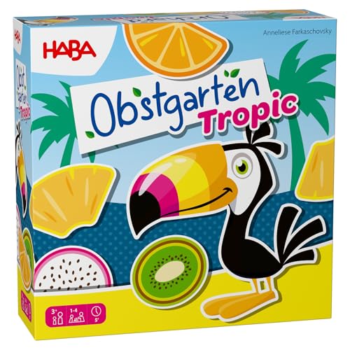 HABA Obstgarten Tropical – Tropisches Sammelspiel für Kinder ab 3 Jahren – Familienspiel rund um Früchte & Farben mit Tukan – Holzspielzeug-Klassiker Neuauflage – 2013575001 von HABA