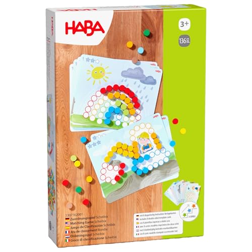 HABA Zuordnungsspiel Scheibix – Motive mit bunten Holzspielsteinen nachbauen, inkl. vielseitiger Vorlagekarten, Lernspiel ab 3 Jahren – 1307162001 von HABA
