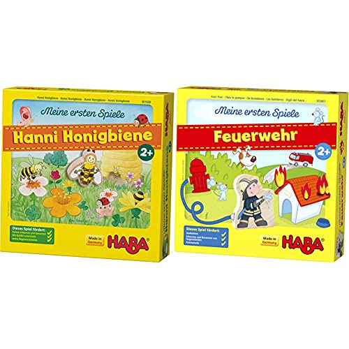 HABA 301838 - Meine ersten Spiele Hanni Honigbiene, kooperatives Farbwürfelspiel für 1-4 Spieler ab 2 Jahren & Meine ersten Spiele – Feuerwehr Spannendes Memospiel für 1-4 Spieler ab 2 Jahren von HABA