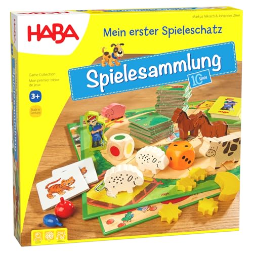 Haba 4278 - Mein erster Spieleschatz Die große Haba-Spielesammlung, 10 unterhaltsame Brett-, Memo- und Kartenspiele ab 3 Jahren in einer Packung, Kindgerechtes Spielmaterial aus Holz von HABA