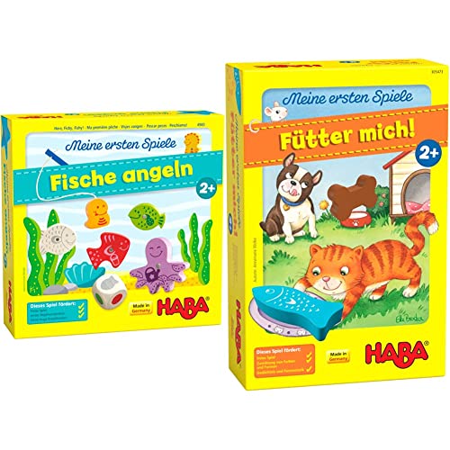 Haba 4983 - Meine ersten Spiele Fische Angeln, ab 2 Jahren & 305473 - Meine ersten Spiele – Fütter Mich! Zuordnungsspiel ab 2 Jahren für 1–5 Spieler mit 5 Holzfiguren zum Thema Haustiere, 5 min von HABA