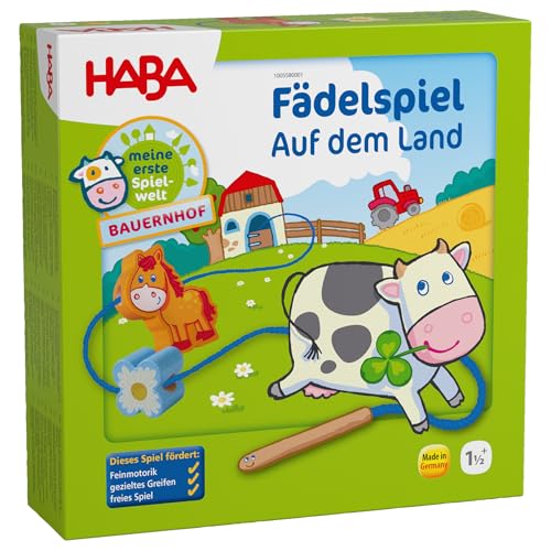 Haba 5580 - Meine erste Spielwelt Bauernhof Fädelspiel auf dem Land, liebevoll gestaltetes Lernspiel und Motorikspielzeug ab 18 Monaten, Holzspielzeug mit Bauernhofmotiven von HABA