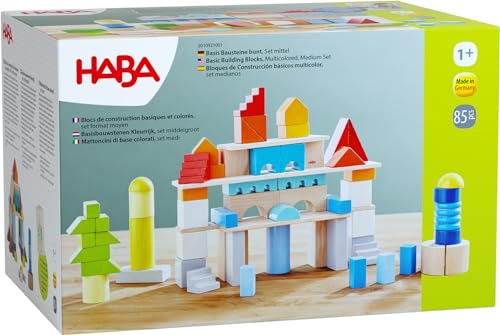 Haba Basis Holzbausteine - 85 Bunte Bausteine mit Baumwolltasche - Made in Germany - ToyAward Gewinner 2024 - Für Kinder ab 1 Jahr - 2010921001 von HABA