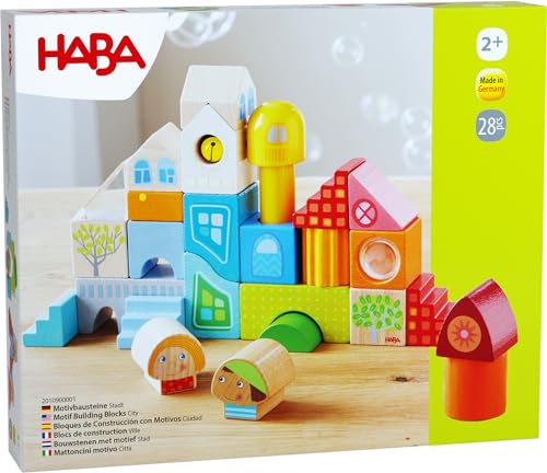 HABA Motivbausteine Stadt - Bunte Holzbausteine zum Häuserbau - Für lustige Rollenspiele - Made in Germany - Für Kinder ab 2 Jahren - Fördert die Kreativität - 2010900001 von HABA