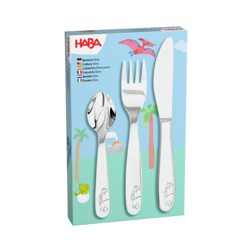 Kinderbesteck Dino, 3-teiliges Set mit Messer, Gabel, Löffel von HABA 