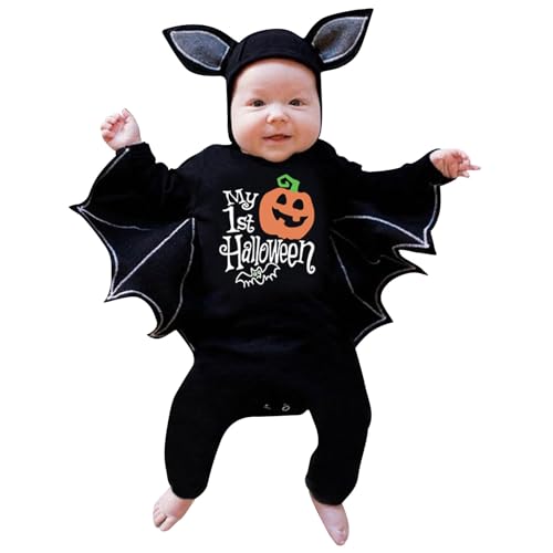 HAFNFUE Baby Halloween Outfit – 2025 Fledermaus-Strampler mit Kapuze – Weicher für Neugeborene für Halloween, Weihnachten & Fotoshooting (A, 12-18 Months) von HAFNFUE