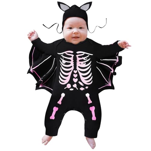 HAFNFUE Halloween Babykleidung 0-24M - Süßer Fledermaus Skeleton Kapuzenstrampler aus Baumwolle - Warmes Outfit für Fotos & Feiern (A, 0-3 Months) von HAFNFUE