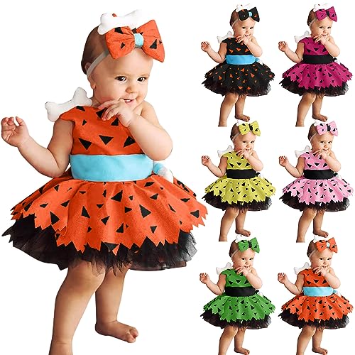 HAFNFUE Mädchen Höhlenmädchen Kostüm – Höhlenmensch Prinzessin Tutu Kleid mit Knochen Stirnband – Halloween & Mottoparty Outfit (Green, 3-4 Years) von HAFNFUE