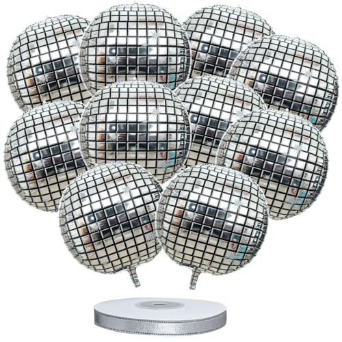 Discokugel-Dekorationen, 55,9 cm, Disco-Ballons, 4D, silberfarben, Discokugel, 80er-Jahre, Disco-Party-Dekoration, Luftballons, inklusive einer Rolle silbernem Band, 10 Stück von HAFRILY